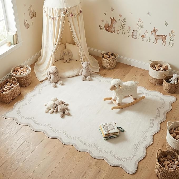 GarveeHome 4x6 Neutral Beige Scalloped Washable Area Rug for Girls Bedroom, Solid Floral Soft Nursery Rug Non Slip Low Pile Small Carpet Stain Resistant Throw Rug for Dorm Kids Room Office Dining Room