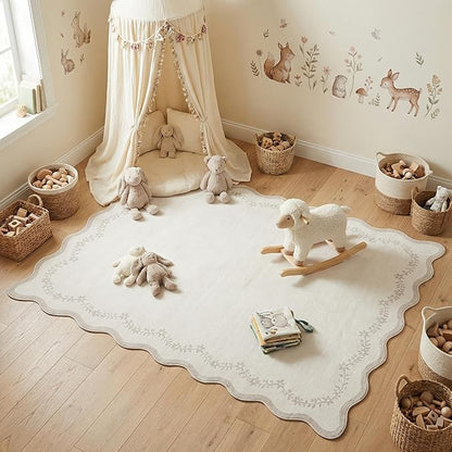 GarveeHome 4x6 Neutral Beige Scalloped Washable Area Rug for Girls Bedroom, Solid Floral Soft Nursery Rug Non Slip Low Pile Small Carpet Stain Resistant Throw Rug for Dorm Kids Room Office Dining Room