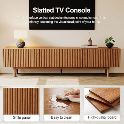 Mid Century Modern TV Stand for 85 Inch TV, Fluted Walnut TV Console with Storage, 4 Doors Media Console, Entertainment Center for Living Room