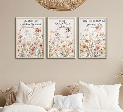 3Pcs Christian Nursery Wall Art Wildflower Bible Verse Canvas Painting Vintage Flower Scripture Pictures Wall Decor Butterfly Girl Floral Posters Prints for Girls Baby Room Living Bedroom Unframed