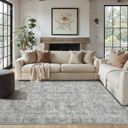 Rugxara 4x6 Area Rugs for Living Room Bedroom, Large Washable Rug, Grey Vintage Abstract Boho Rug, Non Slip & Low Pile Wool Carpet for Indoor Dining Room, Farmhouse, Kids Room and Office(Grey 4x6ft)