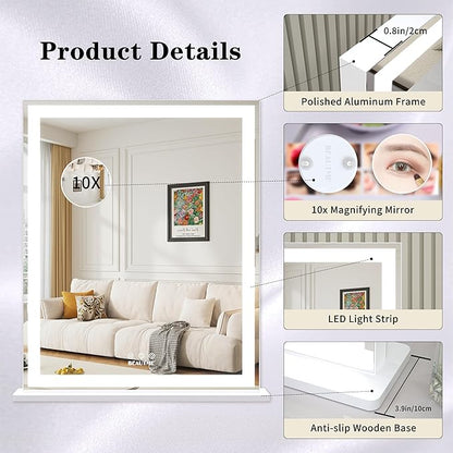ANYHI Makeup Mirror with Lights, 24"x20.5" Lighted Vanity Mirror with 10X Magnifying, 3 Color Modes, Dimmable, Smart Touch Control, Memory Function, USB Charging Port, Tabletop/Wall Mount, White