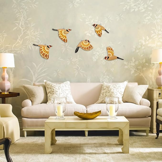 Vumyhuby 5 Pcs Yellow Wooden Bird Wall Art | Rustic Folk Art Wall Decor for Indoor Use | Handcrafted Wood Flying Birds Wall Hangings for Living Room, Bedroom, Kitchen, Office | Scandinavian Home Decor Gift