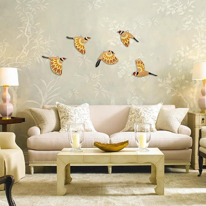 Vumyhuby 5 Pcs Yellow Wooden Bird Wall Art | Rustic Folk Art Wall Decor for Indoor Use | Handcrafted Wood Flying Birds Wall Hangings for Living Room, Bedroom, Kitchen, Office | Scandinavian Home Decor Gift