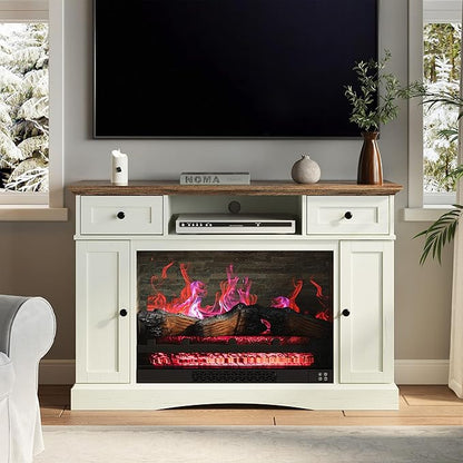 RoyalCraft TV Stand with 28'' Fireplace for TVs up to 55'', Media Console Table with Adjustable Shelves, Double-Door Design, Entertainment Center for Living Room, Bedroom, White