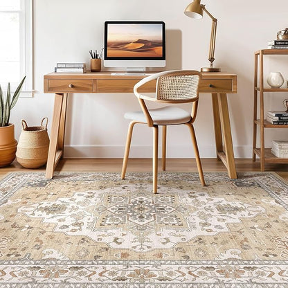 7x9 Area Rug Living Room: Washable Boho Large Neutral Vintage Soft Rug Stain Resistant Farmhouse Non-Slip Indoor Floor Retro Carpet for Bedroom Nursery Kids Office Dining Room- Sand Gray
