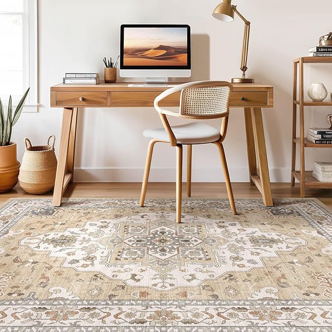 8x10 Area Rugs Living Room: Washable Boho Large Neutral Vintage Soft Rug Stain Resistant Farmhouse Non-Slip Indoor Floor Retro Carpet for Bedroom Nursery Kids Office Dining Room- Sand Gray
