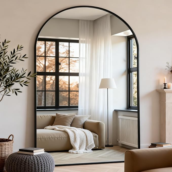 Dewfig Arched Full Length Mirror, 90"x46" Large Floor Mirror with Stand, Oversized Full Body Mirrors for Leaning or Hanging, Wall Mounted Mirrors for Bedroom, Living Room,Dressing Room, Black