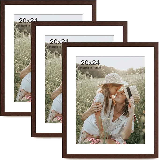 Momentworth 20x24 Picture Frame with Mat for 16x20 Set of 3, Dark Brown Wood Grain 20x24 Frame for Wall Mounting (3 Pack, Walnut)