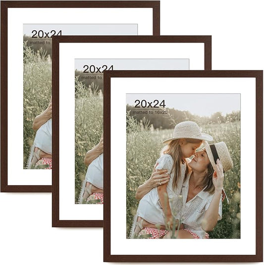 Momentworth 20x24 Picture Frame with Mat for 16x20 Set of 3, Dark Brown Wood Grain 20x24 Frame for Wall Mounting (3 Pack, Walnut)