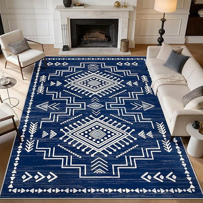 Joydeco 6x9 Moroccan Living Room Rugs, Navy Blue Washable Modern Area Rug for Bedroom, Western Low Pile Non Shedding Distressed Aztec Dining Room, Aztec Soft Non Slip Carpet for Office Home Decor