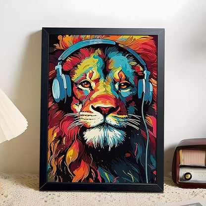 Colorful Lion Wall Art Framed Canvas Print, Lion Wearing Headphones Pop Art Animal Poster, Vibrant Graffiti Music King Wall Decor Painting for Living Room Bedroom Boys Room Home Decor 8x10 Inch