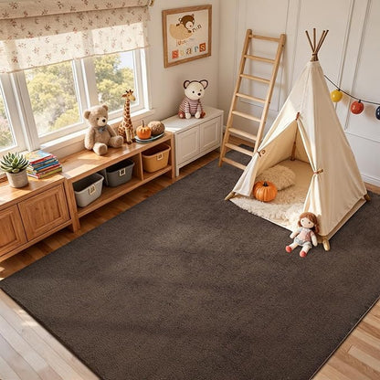 FinRèc 7x10 Washable Area Rugs for Bedroom Living Room, Low Pile Thin Rug Solid Color, Non-Slip Carpet Indoor for Home Decor (Pure Brown)