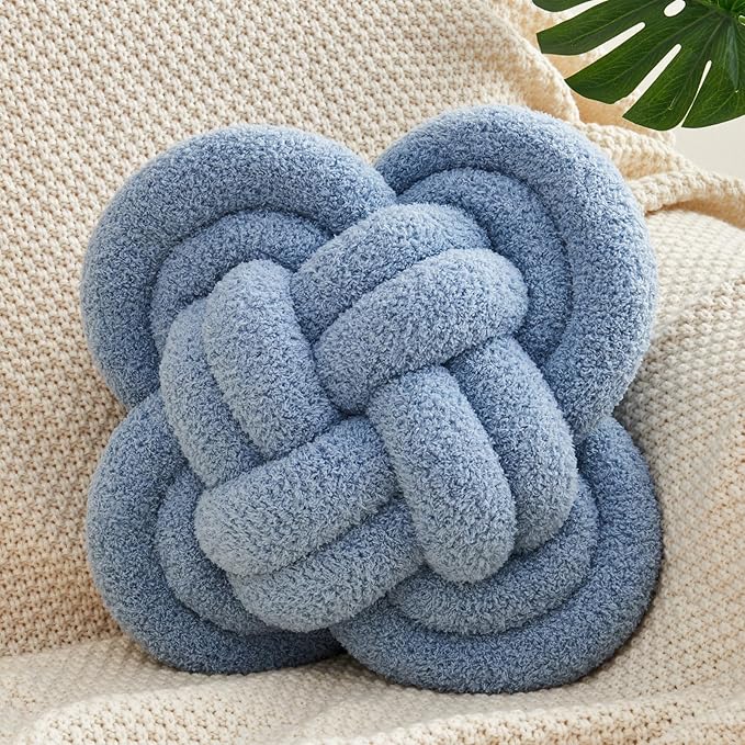 Knot Pillow, 12" Soft Decorative Throw Pillows for Couch Bed, Gray Pink Knotted Plush Throw Pillow Handmade Square Cushion Home Decor Pillows (Blue, 12 Inches X12 Inches)