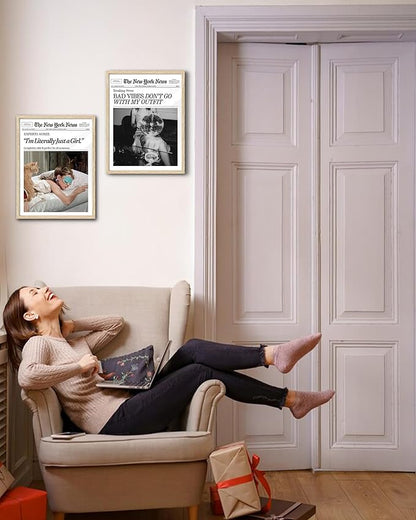 EcoHest Small Trendy Newspaper Audrey Hepburn Magazine Framed Wall Art, 8x10 in OAK Wood I‘m Literally Just a Girl Canvas Wall Art Home Decor, Beige Retro Set of 1 For Bedroom Living Room