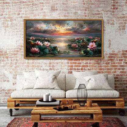 Zen Wall Art Framed Pink Lotus Flower Decor Abstract Blooming Botanical Canvas Prints Vintage Floral Pictures Nature Sunset Pond Landscape Modern Artwork for Bedroom Living Room Home Decoration 30x57.8"