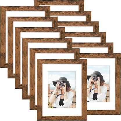 Picrit 8x12 Picture Frame Set of 12, Display 6x8 with Mat or 8x12 without Mat, Photo Frames for Wall Mounting or Table Top Display, Brown
