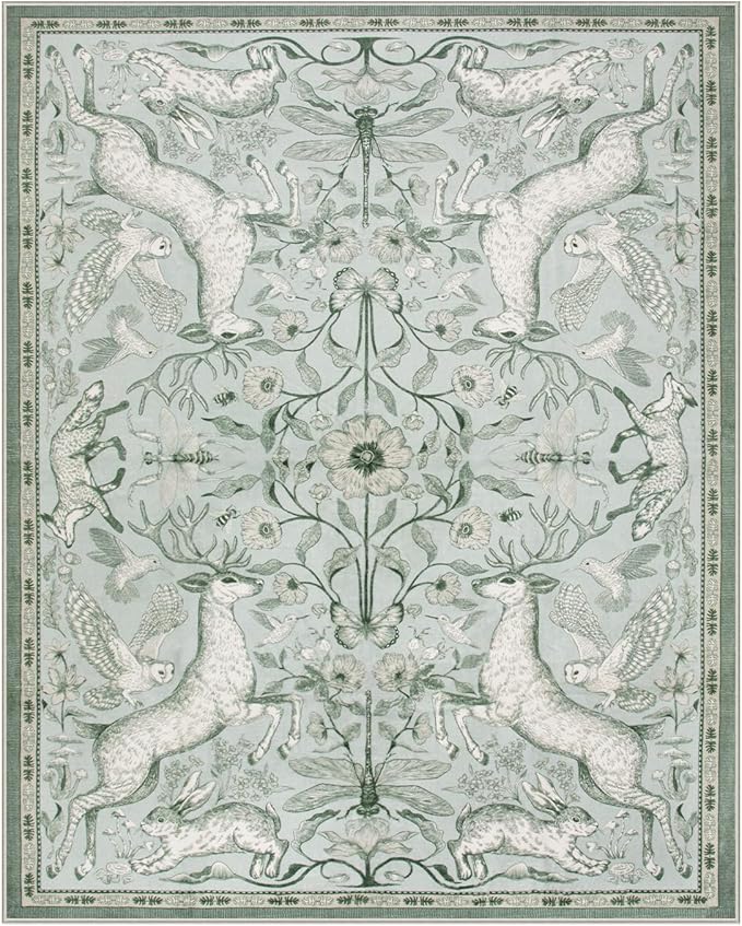 Lahome 8x10 Washable Deer Rug, Dorval Boho Woodland Cottage Area Rug, Non Slip Low Pile Large Light Green Carpet for Living Room Bedroom Dining Room Kitchen Nursery Decor