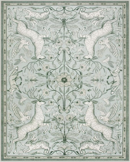 Lahome 8x10 Washable Deer Rug, Dorval Boho Woodland Cottage Area Rug, Non Slip Low Pile Large Light Green Carpet for Living Room Bedroom Dining Room Kitchen Nursery Decor