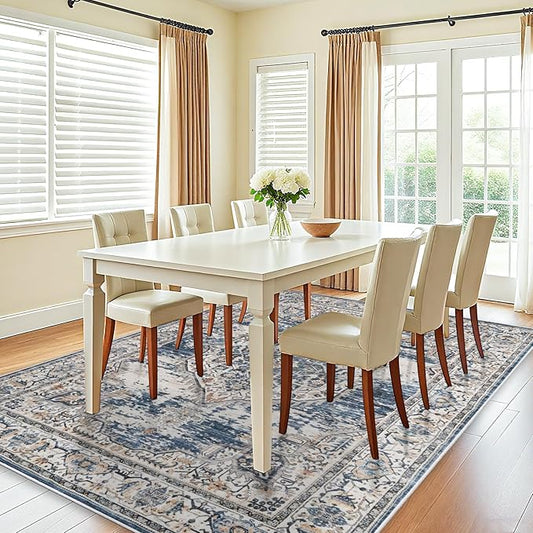 Washable Living Room Area Rug: 8x10 Bedroom Rugs - Farmhouse Distressed Printed Floral Carpet - Foldable Non-Shedding Floor Carpet for Dining Room 8'x10' Blue
