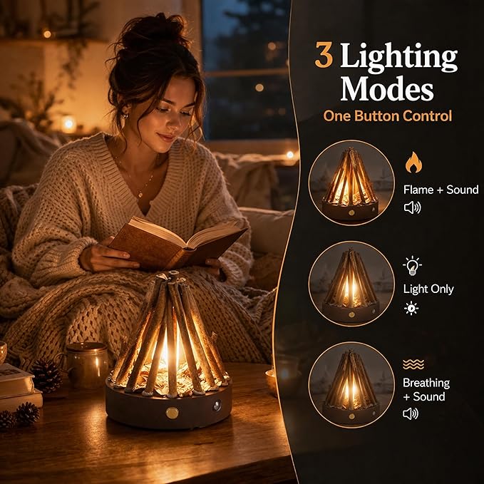 Rechargeable Campfire Night Light with Crackling Sound, Realistic Flame Lamp, 3 Modes, Timer, Portable Wireless Ambient Light for Bedroom Living Room (Natural Wood)