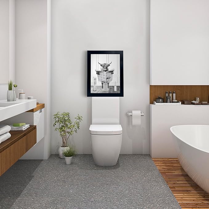 Black Framed Highland Cow Wall Art in Bathtub, Funny Black and White Canvas Picture, Humor Animals Artwork Prints for Bathroom, Bedroom, Kids Decor