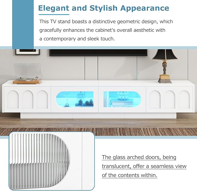Merax TV Stand for Televisions Up to 95'', Functional Media Console with APP-Controlled Smart LED Light, Arched Cabinet Doors and Fluted Glass Doors, Entertainment Center, for Living Room, White