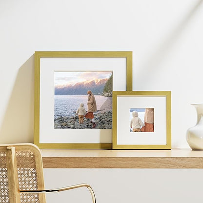 Vittanly 8x8 Picture Frames Set of 9, Shatter Resistant Plexiglass, Display 4x4 Pictures with Mat or 8x8 without Mat, Photo Frames for Wall Mount, Engineered Wood, Gold