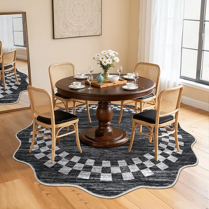 6ft Washable Round Rug for Entryway Modern Checkered Bedroom Circle Rug Non Slip Soft Dining Room Round Throw Carpet Large Stain Resistant Border Round Rugs for Living Room Kitchen Bathroom, Grey