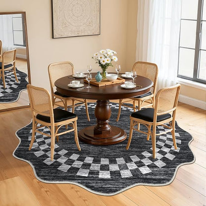 6ft Washable Round Rug for Entryway Modern Checkered Bedroom Circle Rug Non Slip Soft Dining Room Round Throw Carpet Large Stain Resistant Border Round Rugs for Living Room Kitchen Bathroom, Grey