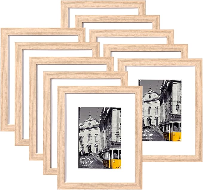 eletecpro 8x10 Picture Frames Set of 10, Picture Frame Collage Wall Decor Display 5x7 Photo with Mat or 8x10 without Mat, Home Decor Gallery Frame for Table Top or Wall Mounting, Natural