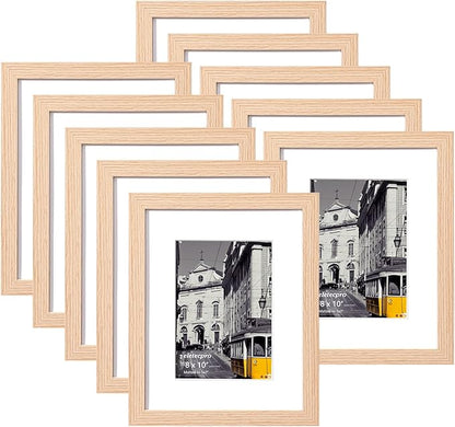 eletecpro 8x10 Picture Frames Set of 10, Picture Frame Collage Wall Decor Display 5x7 Photo with Mat or 8x10 without Mat, Home Decor Gallery Frame for Table Top or Wall Mounting, Natural