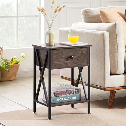 VECELO Nightstand,Modern Bedside End Table, Night Stand with Drawer and Storage Shelf for Living Room Bedroom, Industrial Metal Frame