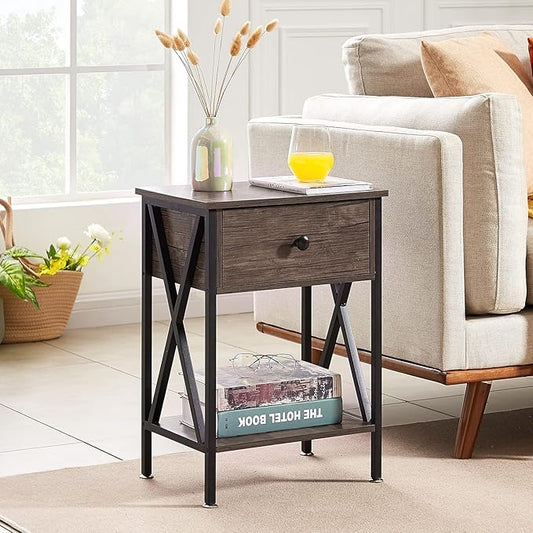 VECELO End Tables, Modern Nightstand with Drawer & Shelf, Night Stand for Bedroom Living Room,Industrial Metal Frame