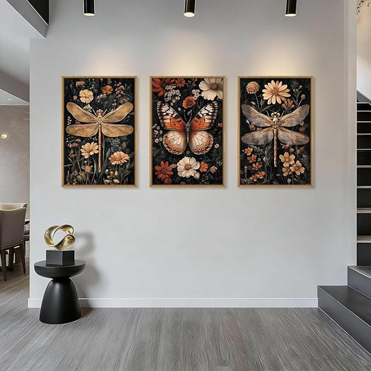 Aryroi Large Vintage Butterfly Dragonfly Framed Canvas Wall Art Set,Retro Dark Academia Animal Floral Botanical Wall Decor,Moody Insect Wildflower Artwork for Living Room,Bedroom,Farmhouse-24 x36 x3