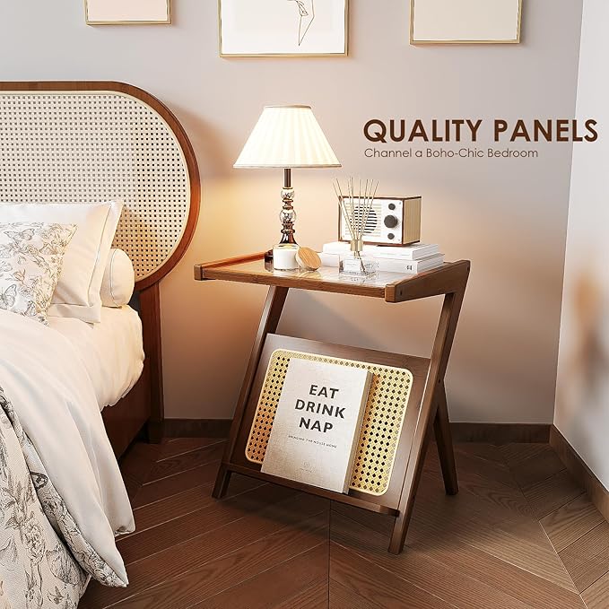 Bamworld Rattan Side Table Boho NightStand Mid Century Modern End Table Glass Bedside Table Small End Tables Bamboo Coffee Table with Storage Record Player Stand for Living Room Bedroom