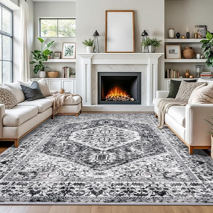 KOZYFLY Boho Area Rug 9x12 Ft Thin Rugs for Living Room Washable Bedroom Rug Non Slip Rugs for Dining Room Printed Faux Wool Area Rug Floor Carpet for Dining Room Living Room, Grey