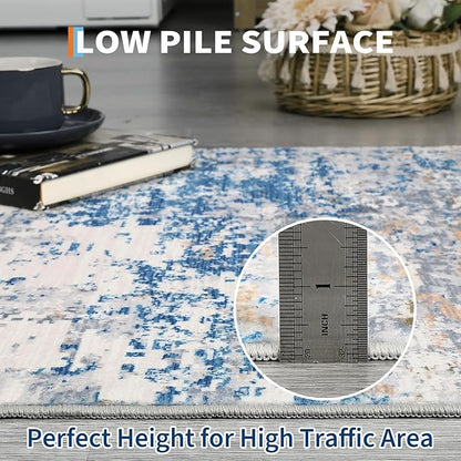 ROYHOME Modern Abstract Runner Rug 2x5 Washable Non Slip Stain Resistant Rug for Bedroom Living Room Non Shedding Low Pile Indoor Floor Cover,Blue/Grey