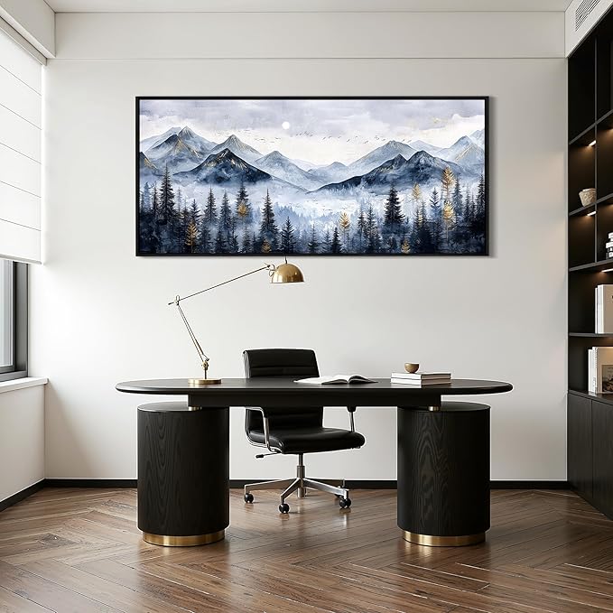 SERIMINO Extra Large Framed Mountain Forest Wall Art, 32"x71", Misty Pine Tree Watercolor in Blue Gold, Nature Scenery Canvas Wall Decor for Living Room, Bedroom, Office Decor