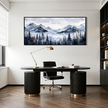 SERIMINO Extra Large Framed Mountain Forest Wall Art, 32"x71", Misty Pine Tree Watercolor in Blue Gold, Nature Scenery Canvas Wall Decor for Living Room, Bedroom, Office Decor