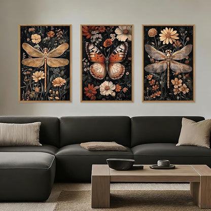 Aryroi Large Vintage Butterfly Dragonfly Framed Canvas Wall Art Set,Retro Dark Academia Animal Floral Botanical Wall Decor,Moody Insect Wildflower Artwork for Living Room,Bedroom,Farmhouse-24 x36 x3