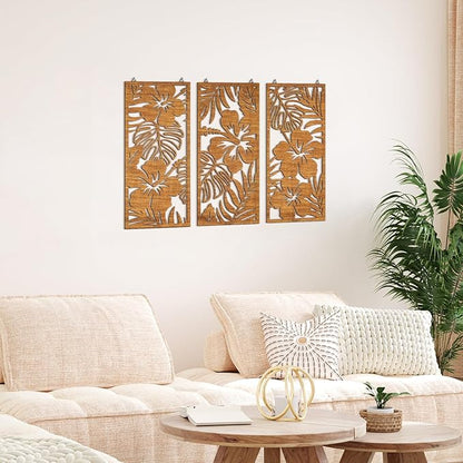 Threehoney 3 Pcs Tropical Wall Decor 3d Wooden Palm Leaf Wall Art Monstera Sculptures Wood Hibiscus Flowers Hanging Decor Vintage Plant Plaque for Home Bathroom 7.09 x 15.75 Inch(Classic Style)