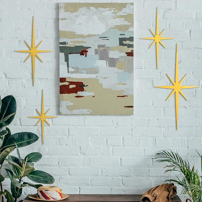 Blulu 4 Pcs Cast Iron Starburst Shaped Wall Decor Metal Mid Century Modern Decor Retro Atomic Stars Wall Art Elegance Accents Vintage Celestial Whimsigoth Hangings for Home Office Room(Gold)