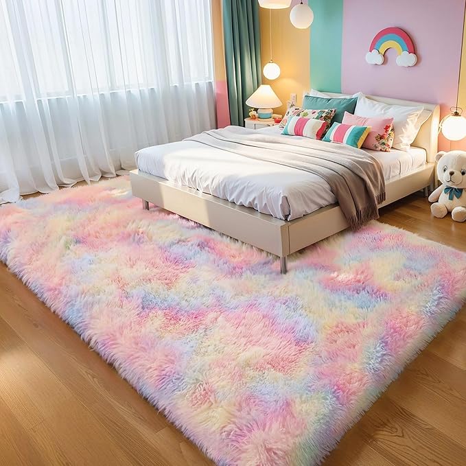 KICHOWUA Thick Area Rug 5x8 Unicorn Fluffy Shag for Girls Bedroom, Rainbow Soft Fuzzy Furry Shaggy Pastel Rug for Living Room,Thickened Washable Non Slip Princess Kids Nursery Boys Dorm Room Carpets
