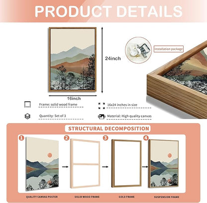 AKWISH Mountain Canvas Wall Art Set of 3, Boho Watercolor Poster Prints Paintings, Sun Forest Abstract Nature Landscape Artwork Wall Decor for Living Room, Bedroom, Office 16x24 In Brown Framed