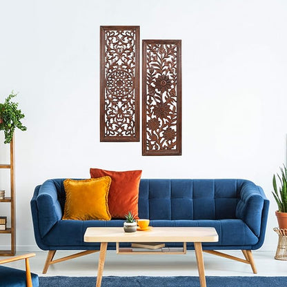 Wooden Designer Wall Hanging Plaques, Wall Plaque Wall Décor Plaques - 36x12 Inch Set of 2 - Burnt, Elegant Sculpture Wall Décor Panel to Enhance the Décor of Your Room or Office