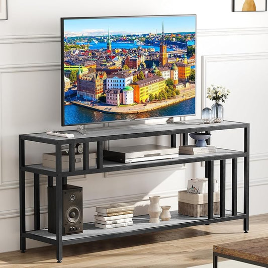 58'' TV Stand for Television up to 65 Inches, Entertainment Center with 3-Tier Open Storage Shelves, TV Media Console Table with Quadruple-Tube Support for Living Room, Grey