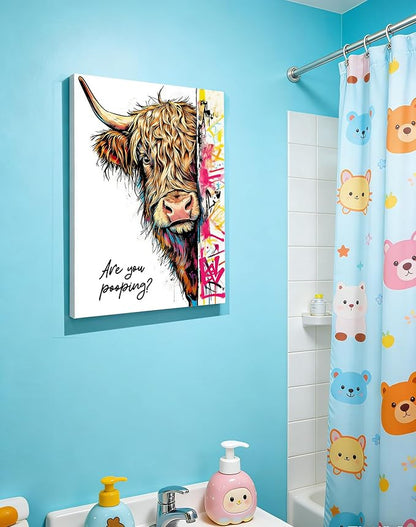 Funny Highland Cow Bathroom Wall Art, Are You Pooping? Graffiti Pop Art Canvas Print, 12x16 Inch Framed Humorous Farmhouse Bathroom Decor, Colorful Cow Picture for Washroom Toilet Powder Room