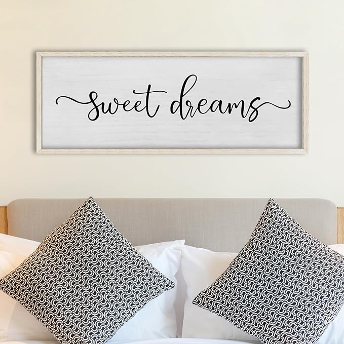 FZMHASLWW Bedroom Above Bed Wall Decor Sweet Dreams Sign 32"×12" Cozy Quote for Over Bed Farmhouse Large Rustic Minimalist Couples Horizontal Wall Hanging Decoration (White)