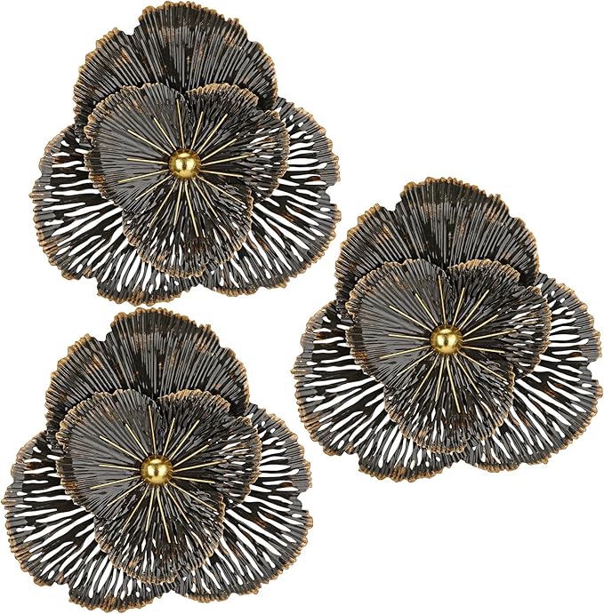 DILATATA 3 Pcs Metal Flower Wall Art Set 10 Inch Rustic Modern Floral Sculpture 3D Metal Flower Wall Hanging Accent for Indoor Living Room Bedroom Kitchen Bathroom Garden Patio Decor - Black